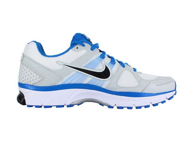 White and blue trainer shoe