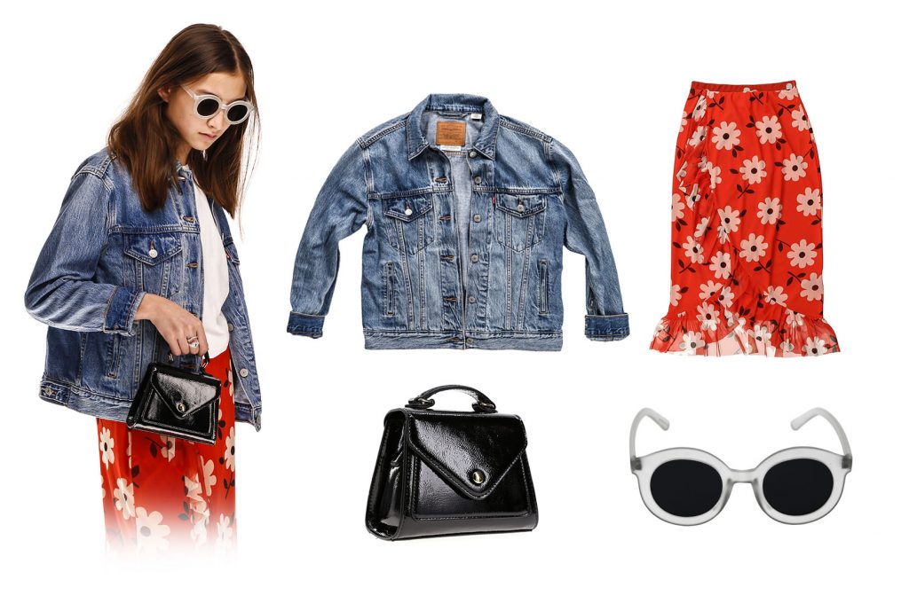 A female model wearing a denim jacket, a red skirt and sunglasses whilst holding a small black handbag. On the left you can see each item in her outfit separately.