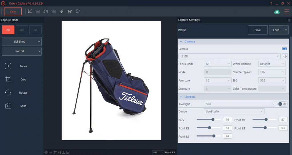 Screenshot of Ortery Capture Software with a golf stand bag on display